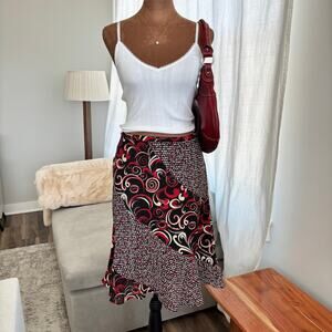 2000s Y2K Dollhouse Asymmetrical Red Abstract Print Flowy Midi Skirt Size Small